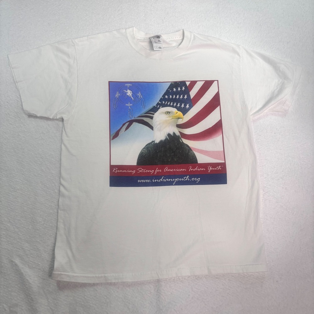 Vintage American Youth USA Flag Graphic Tee Fruit Of The Loom Adult L White